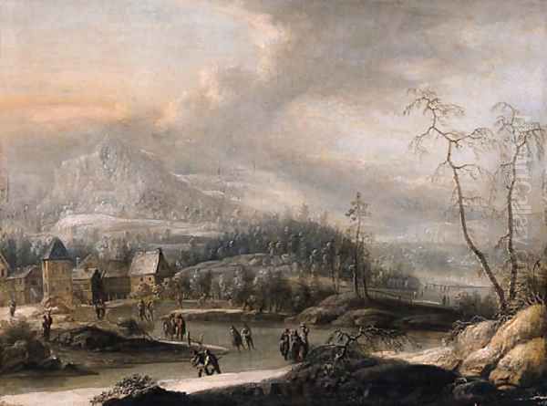 Peasants and skaters on a frozen waterway in a mountainous landscape - view 1