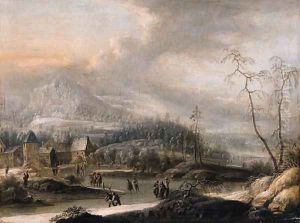 Peasants and skaters on a frozen waterway in a mountainous landscape by Johann Christian Vollerdt or Vollaert