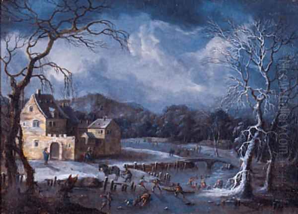 Winter landscapes with skaters and travellers on horsedrawn sledges by fortified mansions - view 1
