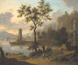A coastal landscape with travellers on a path