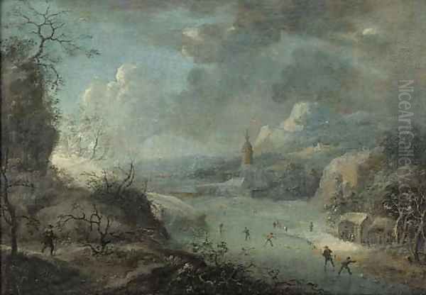 A mountainous winter landscape with skaters on a frozen river, a church beyond - view 1