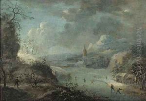 A mountainous winter landscape with skaters on a frozen river, a church beyond by Johann Christian Vollerdt or Vollaert