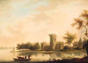 A river landscape with a ferry before a tower and a church