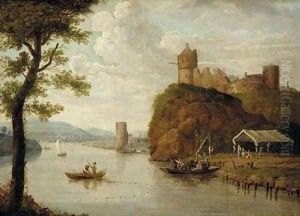 A river landscape with a ferry crossing before a hilltop castle, a town beyond