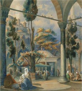 The Courtyard Of The Sultan Beyazit Cami, Constantinople by Amadeo Preziosi
