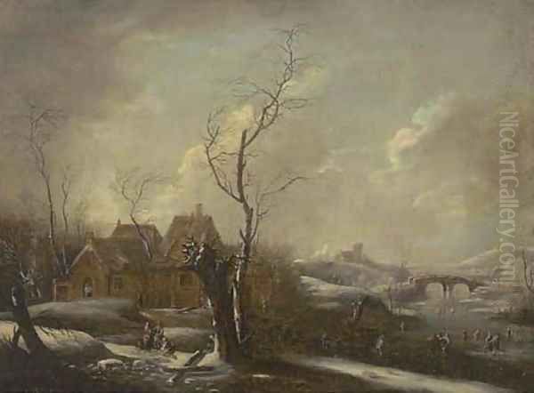 A winter landscape with skaters on a frozen river, a village nearby - view 1