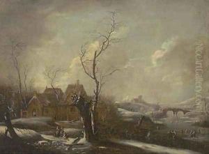 A winter landscape with skaters on a frozen river, a village nearby by Johann Christian Vollerdt or Vollaert