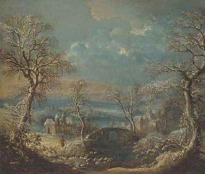 A wooded river landscape in winter with travellers by Johann Christian Vollerdt or Vollaert