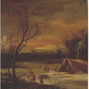 A mountainous river winter landscape with faggot-gatherers, a town beyond