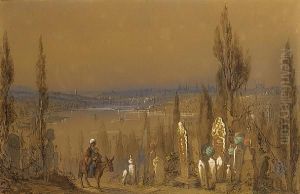 A Cemetery With Constantinople Across The Bosphorus by Amadeo Preziosi