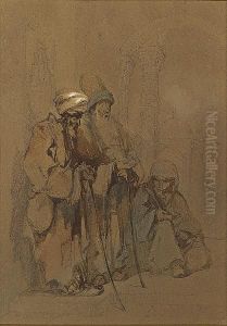 A Street Scene With Two Elderly Figures And A Female Beggar In The Street