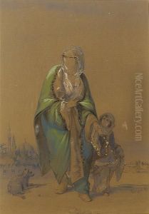 An Ottoman Lady Walking With A Child With A Mosque Behind by Amadeo Preziosi