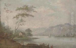 A river landscape with anglers and figures on a river bank, a house beyond by Johann Christian Vollerdt or Vollaert