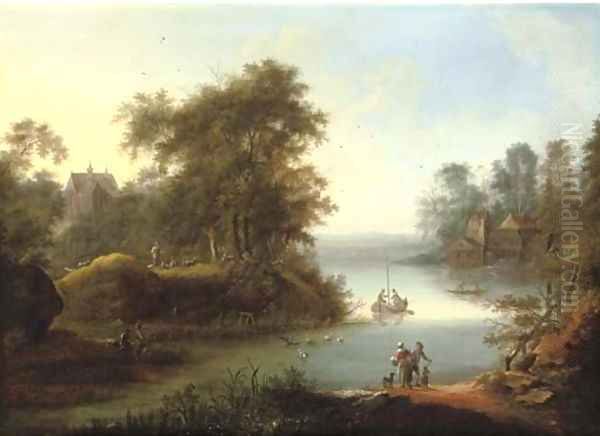 A wooded landscape with fishermen on the banks of a river, a church and watermill beyond - view 1