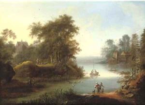 A wooded landscape with fishermen on the banks of a river, a church and watermill beyond by Johann Christian Vollerdt or Vollaert