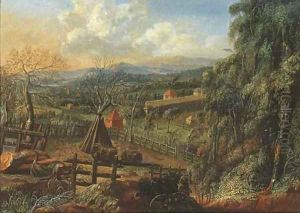 A wooded landscape with stacks of faggots in a meadow, a village beyond by Johann Christian Vollerdt or Vollaert