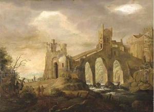 An Italianate river landscape with a bridge before a town by Johann Christian Vollerdt or Vollaert