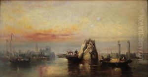 Barges And Other Vessels On The Venetian Lagoon, Sunset