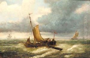 A fishing boat in choppy waters with other boats beyond by Louis Verboeckhoven