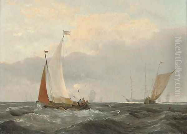 Barges at sea with a frigate anchored beyond - view 1