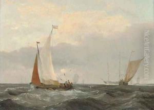 Barges at sea with a frigate anchored beyond by Louis Verboeckhoven