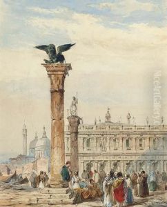 Figures Congregating Below The Lion Column, On The Piazzetta,venice by Edward Pritchett