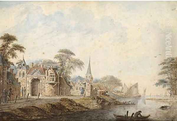 River landscapes with travellers and peasants on village roads - view 1