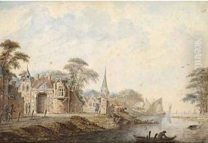 River landscapes with travellers and peasants on village roads by Dirck Verrijck