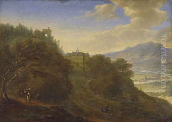 A Rhenish landscape with figures on a path, a mansion beyond - view 1