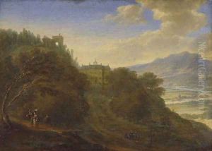 A Rhenish landscape with figures on a path, a mansion beyond
