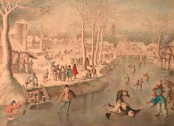 Scaters and other figures on frozen water, a village in the distance - view 1