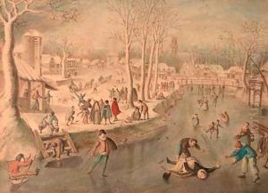 Scaters and other figures on frozen water, a village in the distance