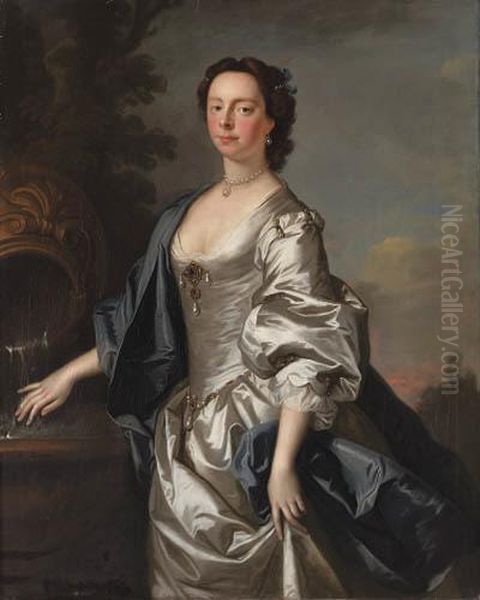 Portrait Of A Lady, Probably 
Elizabeth Morice, Mrs Humphry Hale,three-quarter-length, In An 
Oyster-satin Dress And A Blue Cloak,beside A Fountain, In A Landscape - view 1
