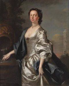 Portrait Of A Lady, Probably 
Elizabeth Morice, Mrs Humphry Hale,three-quarter-length, In An 
Oyster-satin Dress And A Blue Cloak,beside A Fountain, In A Landscape