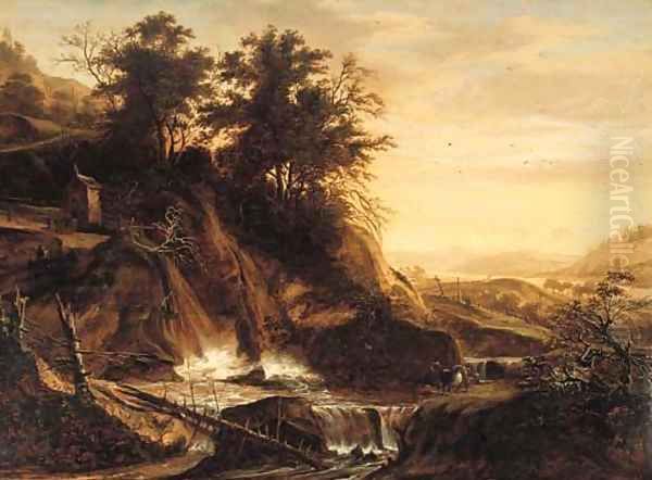 Fallen trees by a waterfall in a mountainous landscape - view 1
