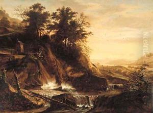 Fallen trees by a waterfall in a mountainous landscape by Jacob De Villeers