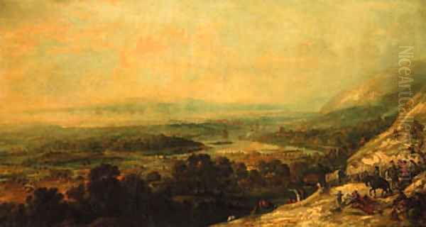 A military column descending to a river plain with a town under naval bombardment beyond - view 1