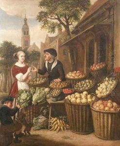 An elegant woman by a fruit and vegetable stall in a town square by Jan Victors