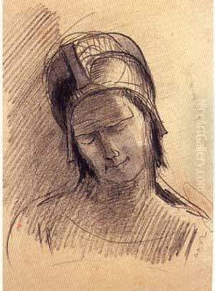 Tete De Personnage Casque Penche Vers La Droite, Les Yeux
Clos - view 1