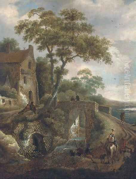 A wooded river landscape with travellers by a bridge - view 1