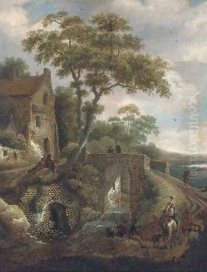 A wooded river landscape with travellers by a bridge by Michiel van Vries