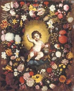 A garland of flowers surrounding an image of the Infant Christ A garland of flowers surrounding an image of the Infant Christ