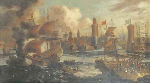 A busy Mediterranean harbour cappriccio with Dutch shipping and figures loading wares on the quay, watch towers in the background - view 1