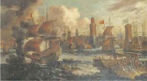 A busy Mediterranean harbour cappriccio with Dutch shipping and figures loading wares on the quay, watch towers in the background