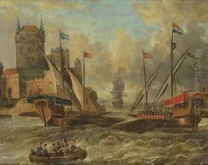 Two galleons and other shipping in choppy waters, by a city gate by Petrus van der Velden