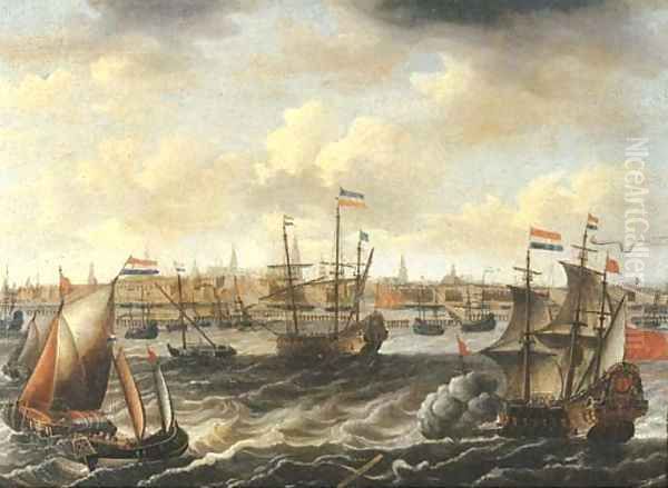 A view of Amsterdam with a Dutch frigate firing a salute, other men-o'-war, frigates and wijdschepen on the IJ nearby - view 1