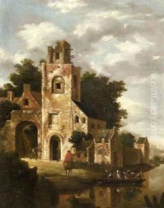 A ruined castle by a river, with a ferry setting out