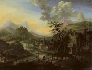 A Rhenish river landscape with a ferry and other boats, a town beyond