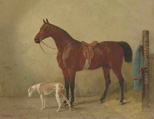 A Saddled Bay Hunter in a Stable with a Dog - view 1