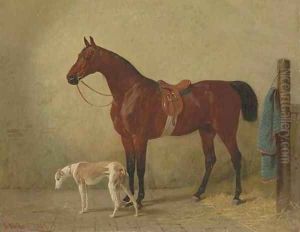 A Saddled Bay Hunter in a Stable with a Dog by Emil Volkers